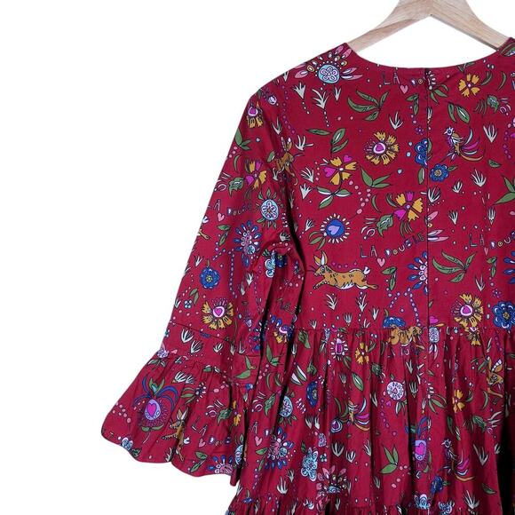 La DoubleJ Womens Bambi Dress Red Floral Print 40 Midi Long Sleeve Boho Chic Fit - Picture 9 of 15